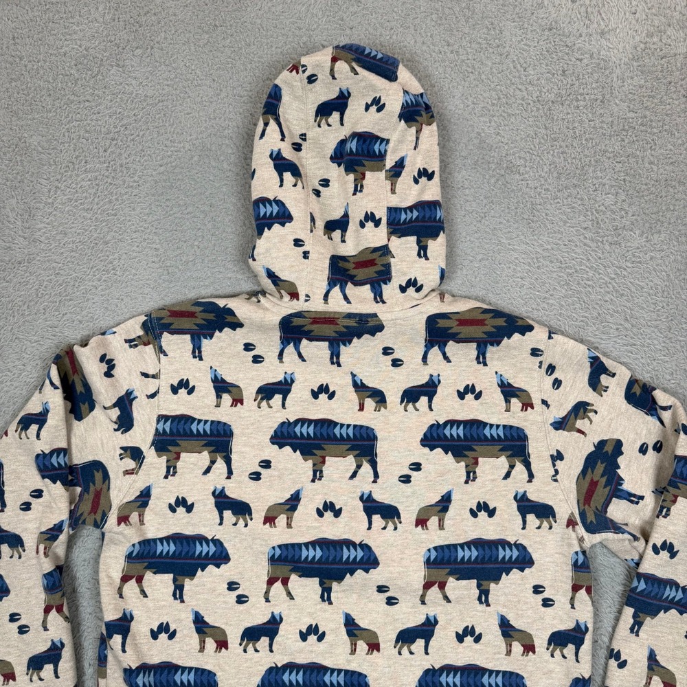 Ariat Re-AL Womens Small Buffalo Wolf Southwestern Fleece Hoodie Oatmeal Blue - Picture 4 of 12